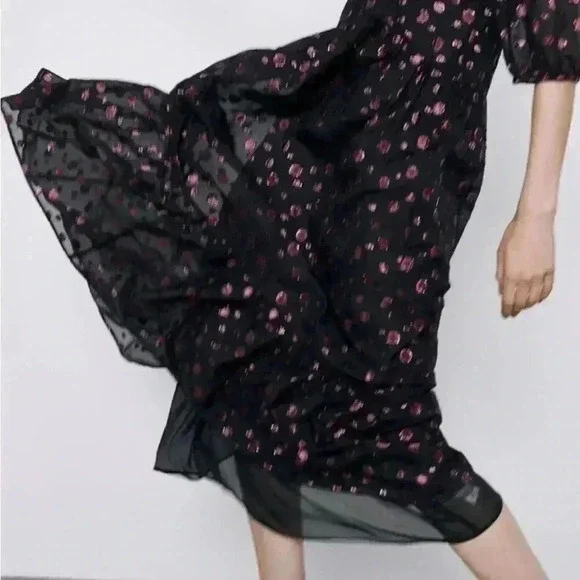 NWT ZARA Pink Polka Dot Voluminous Black Midi Dress Women’s M - Picture 10 of 13